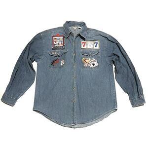 Vintage Jackpot Casino Denim Shirt Womens Sz L Gambling Fever + 2 BUTTON COVERS